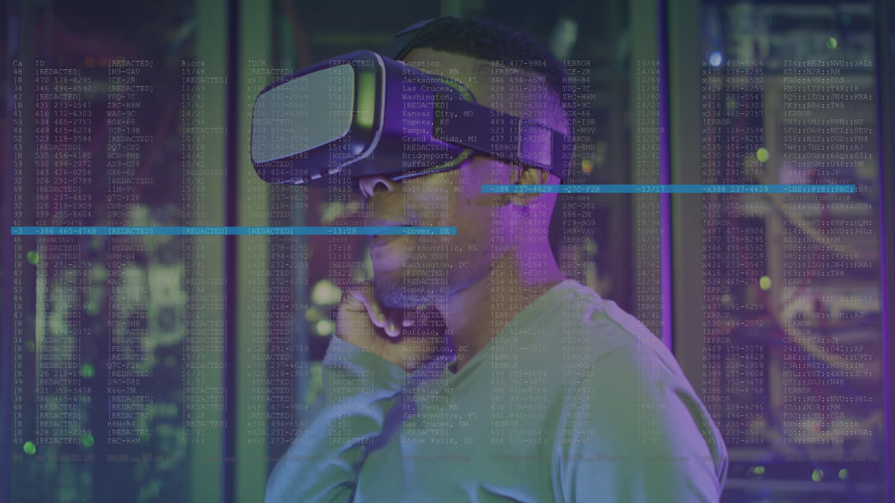 Animation of data processing over african american male worker with vr headset in server room