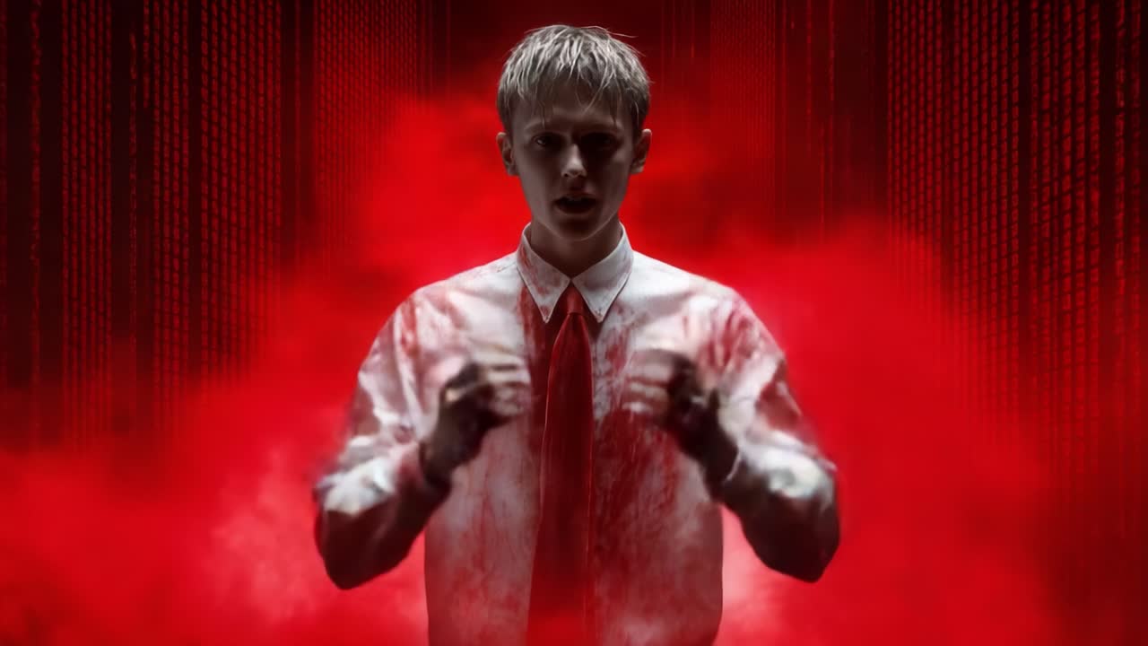 A Haunting Transformation: A Distressed Figure Covered in Blood Amidst a Fiery Red Background, Signifying Chaos and Inner Turmoil in a Surreal Atmosphere