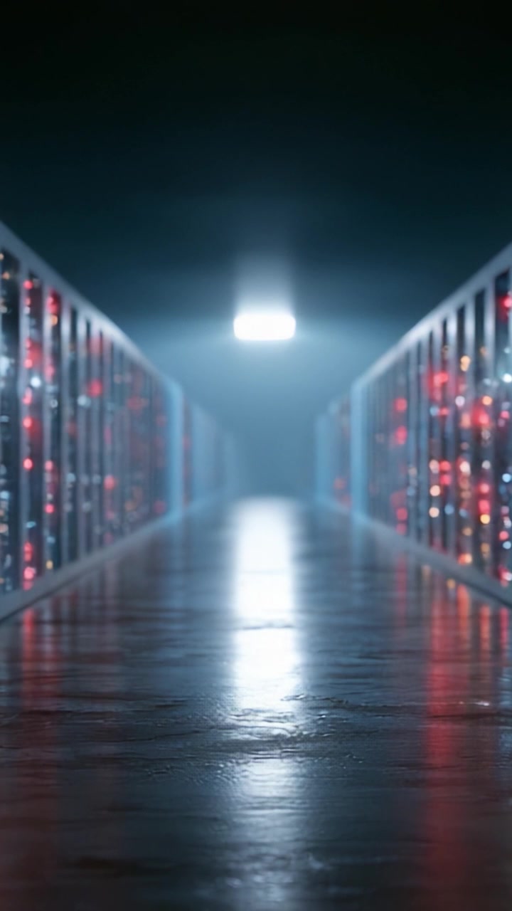 Una vista accattivante all'interno di una sala server, che evidenzia la sofisticazione tecnologica con file di server illuminati che si riflettono in un corridoio elegante.