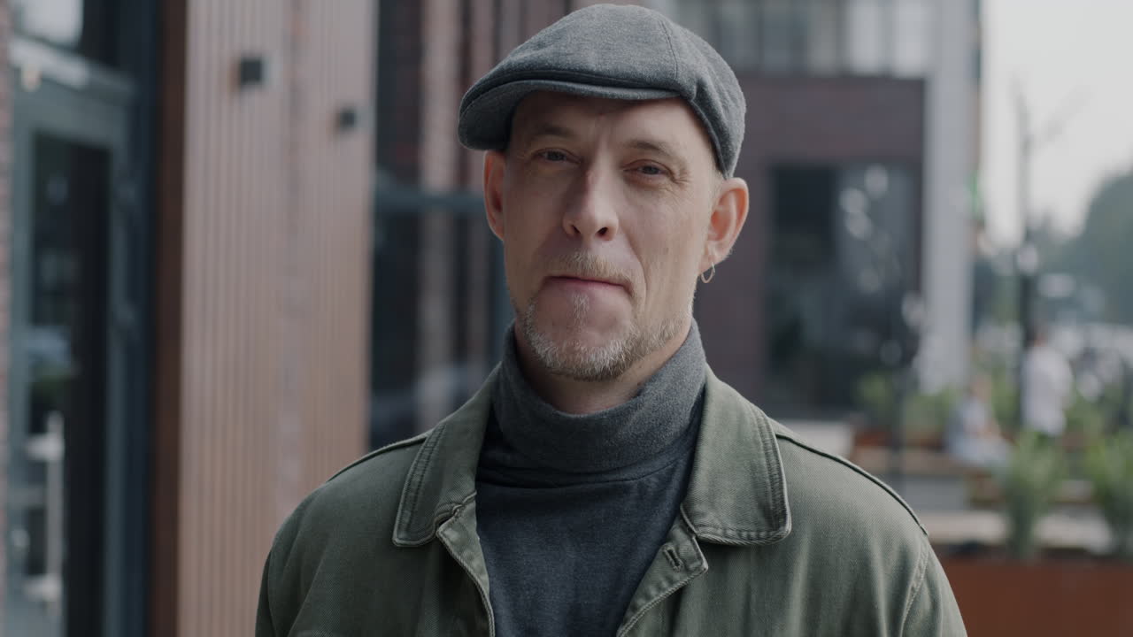 hombre sonriente en el retrato de la ciudad