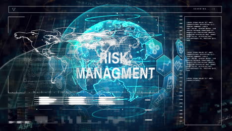 animation of map, loading bars over icons and risk management text on globe and trading board