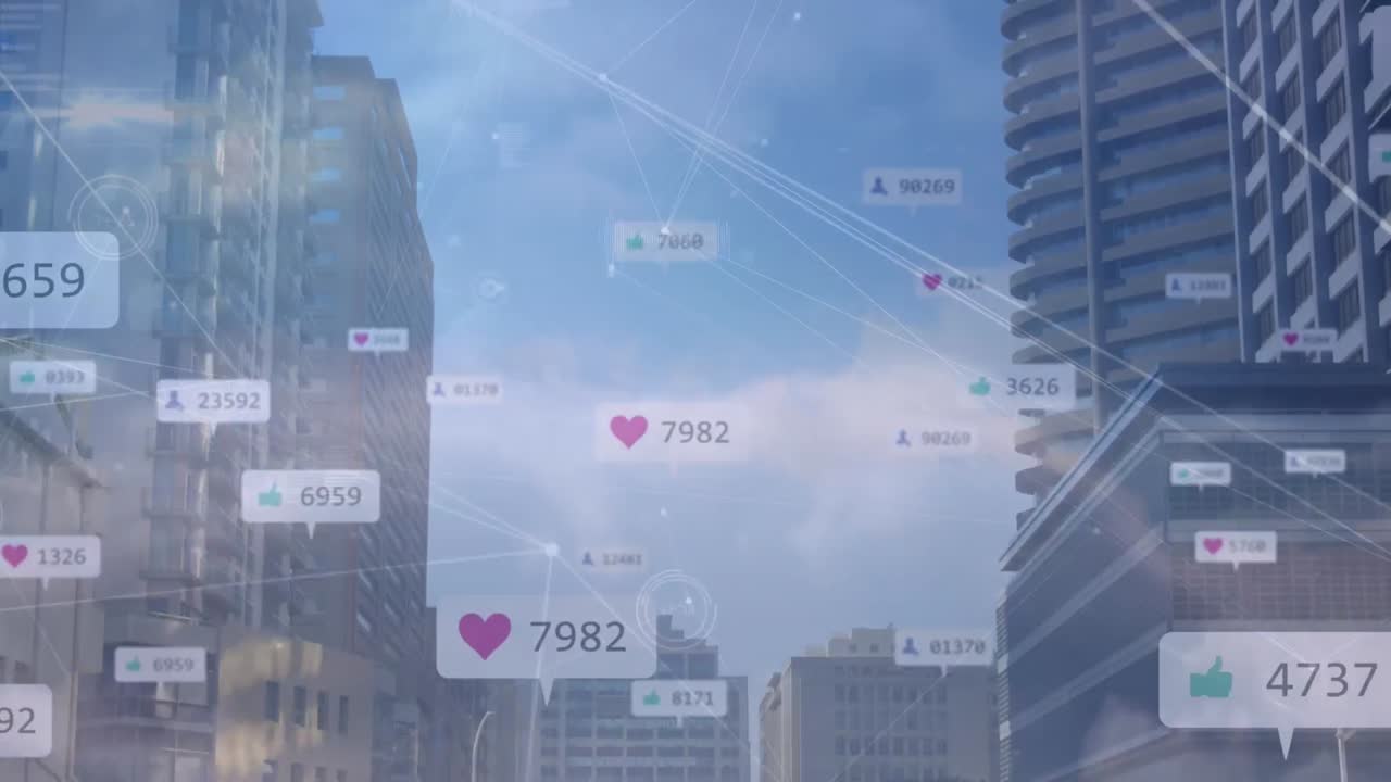 도시 풍경 위의 미디어 아이콘의 애니메이션