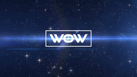 Animation-of-wow-text-over-blue-lights-and-stars-on-black-background