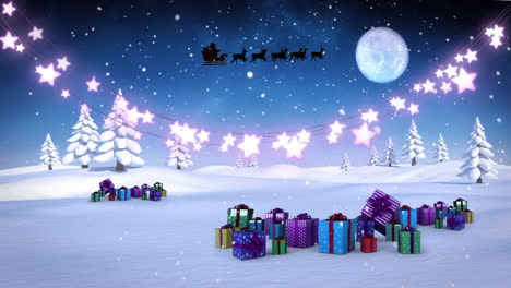 Animation-of-santa-sleigh-and-christmas-presents-over-winter-landscape