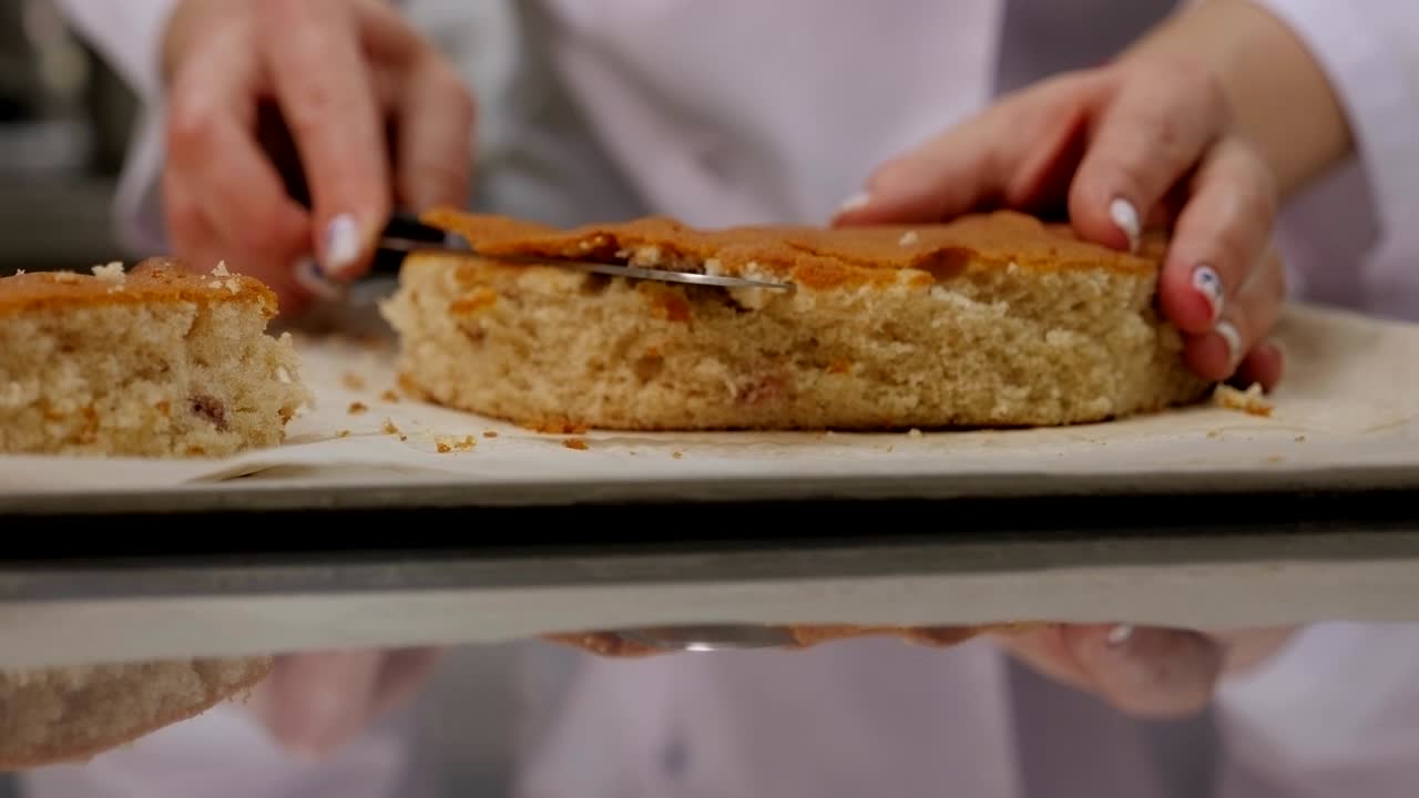 un primer plano de un chef de pastelería cortando masa de esponja con un cuchillo en una cocina.