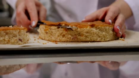 close-up of a pastry chef cutting sponge dough with a knife in a kitchen.