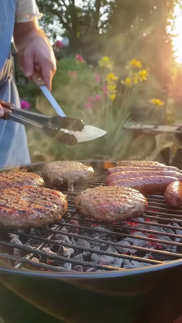 Close-up video of grilling burgers and sausages at sunset, capturing sizzling smoke