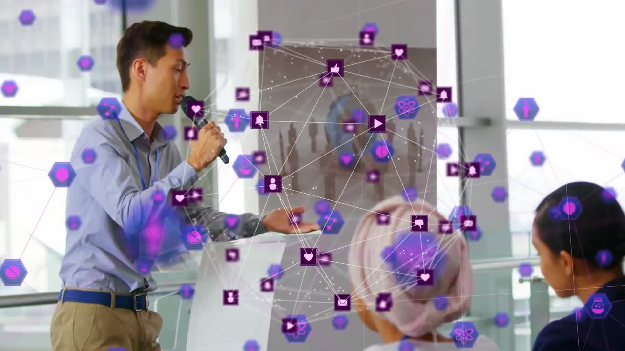 animación de conexiones con iconos sobre diversas personas de negocios en la oficina