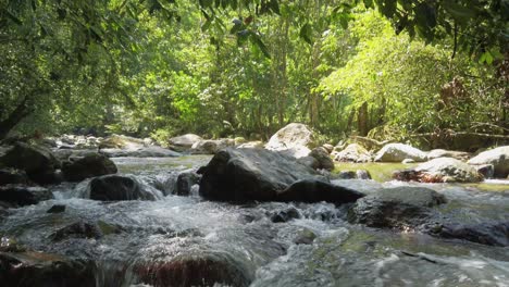 Wunderschönes,-Majestätisches,-Weißes,-Frisches,-Klares,-Schmales-Flusswasser-Fließt-An-Sonnigen-Tagen-über-Flussbettfelsen-In-Grünem,-üppigem-Tropenwald,-Schwenk-Nach-Unten