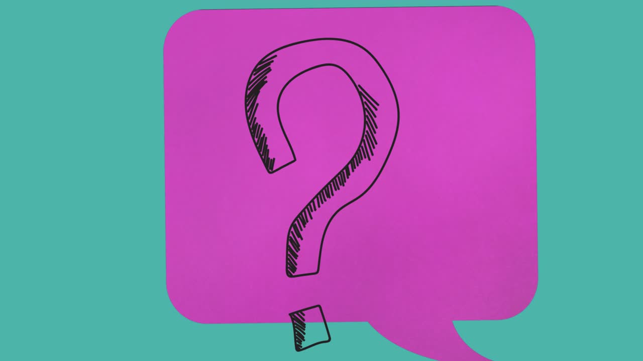 animación de un signo de interrogación sobre una burbuja de discurso cómico rosa