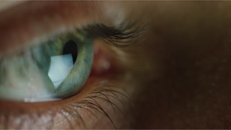 pantalla de ojo macro de cerca que se refleja en el iris navegando por las redes sociales en línea por la noche