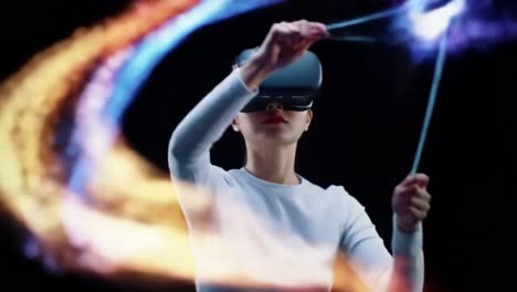 an individual is fully immersed in a virtual reality environment, utilizing advanced technology to interact with digital elements.