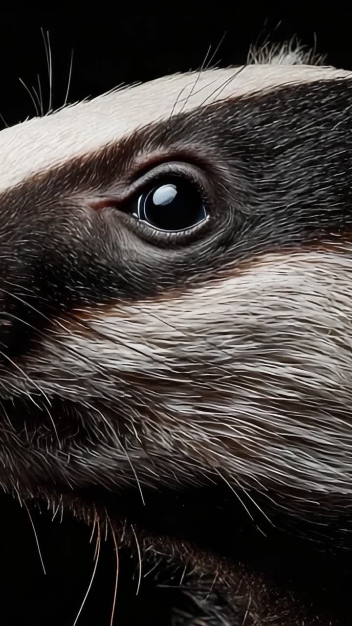 Ritratto ravvicinato di un tasso, che cattura i dettagli intricati della sua pelliccia e l'occhio espressivo su uno sfondo scuro, mettendo in mostra la bellezza della fauna selvatica.