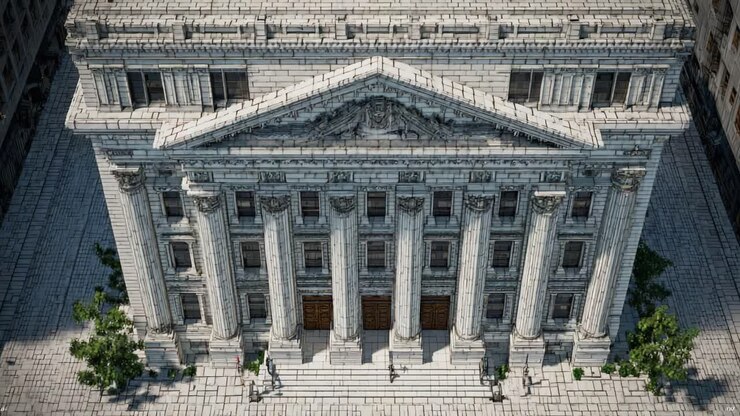 Maestosa prospettiva aerea di un tribunale storico, con grandi colonne e un'imponente facciata, mentre persone salgono e scendono i gradini principali, a rappresentare il concetto di legge e giustizia