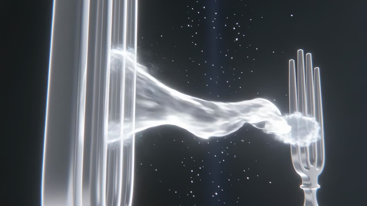 Striking mallet hitting large fork in dark void, sending glowing ribbon to energize small fork