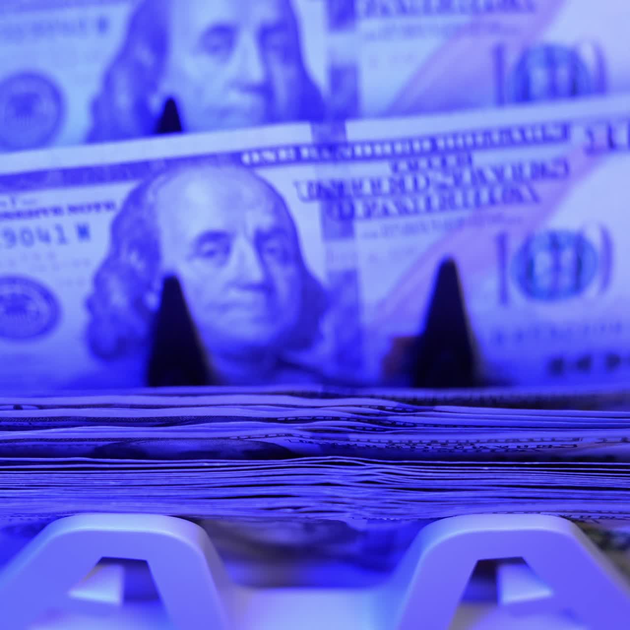 Counting machine for USD dollar paper banknote. Automatic mechanism for bank financial operations