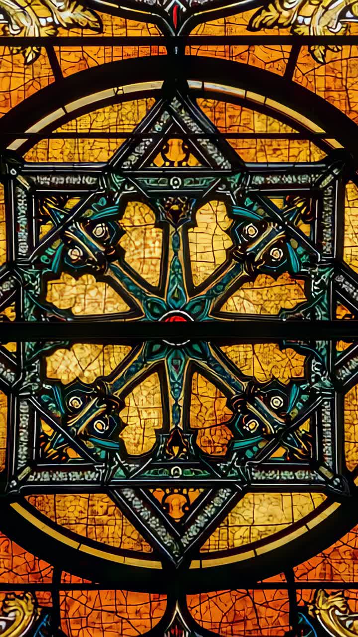 Vertical video: Tilting camera centering stained medallion in arched window to center star tracery