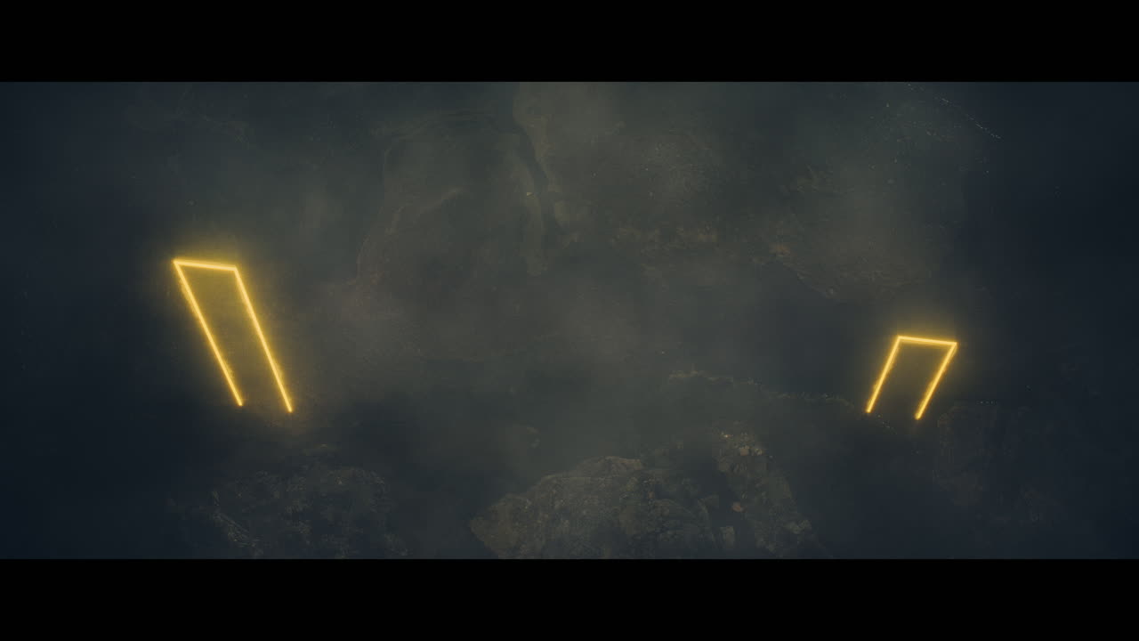 Rocky landscape with huge yellow light portal structures