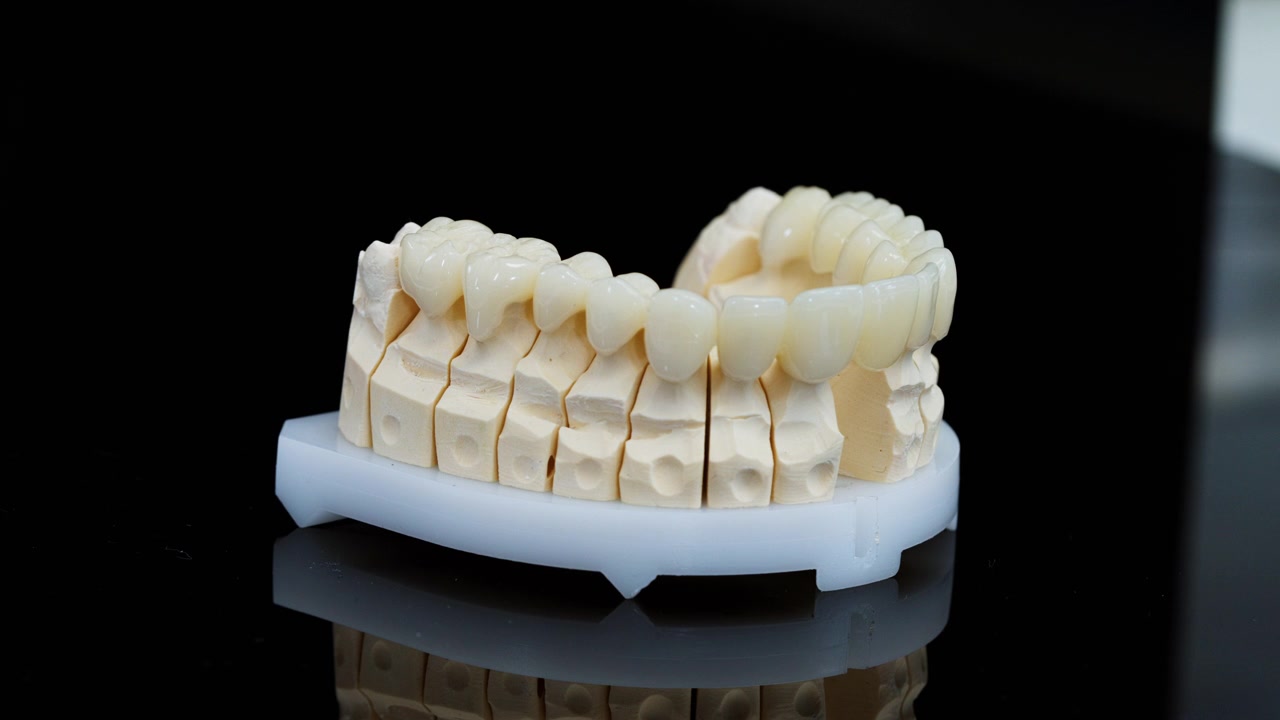 Close-up of a dental prosthetic model with ceramic crowns and veneers displayed on black background. Modern cosmetic dentistry and dental laboratory work.