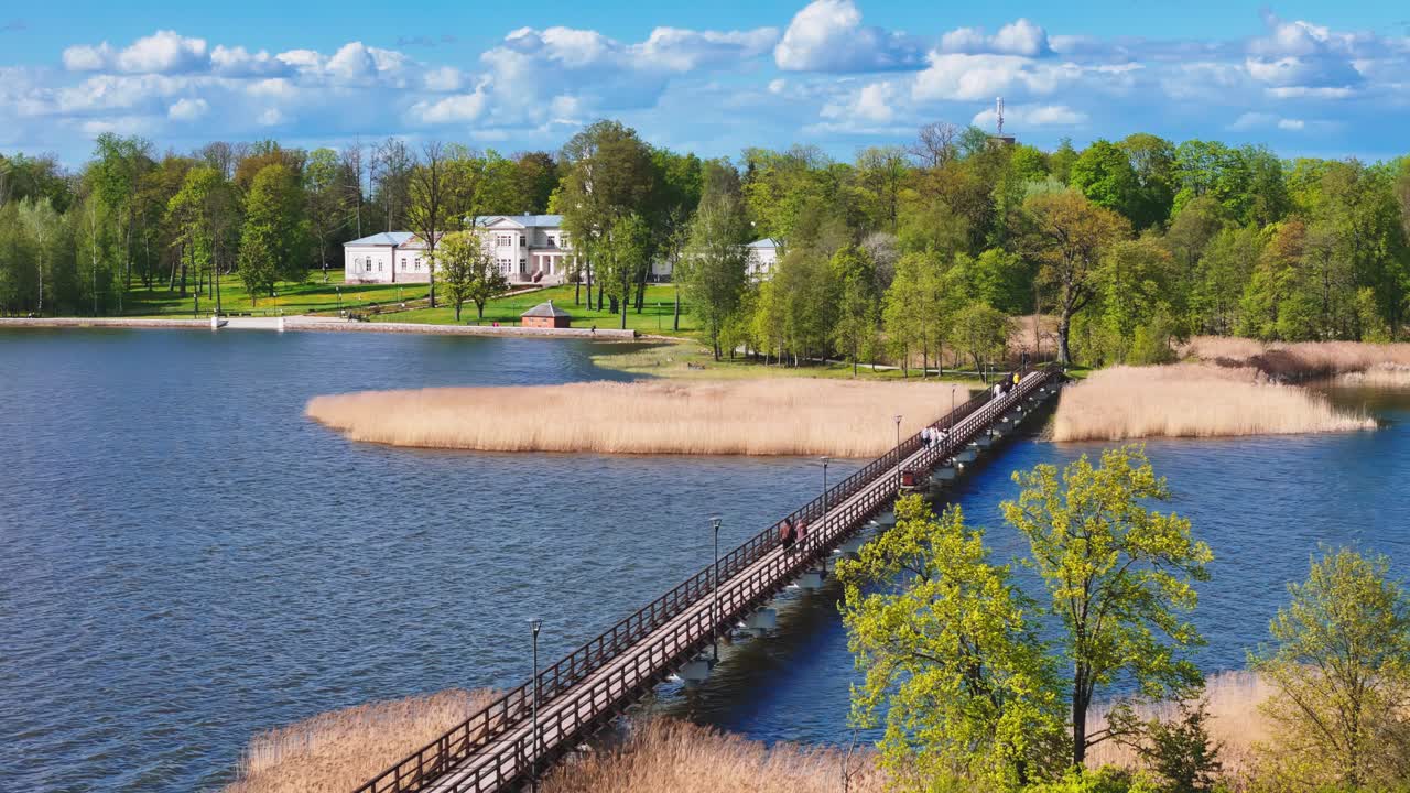 Drone flight lake Sirvena in Birzaim, longest wooden bridge in Lithuania