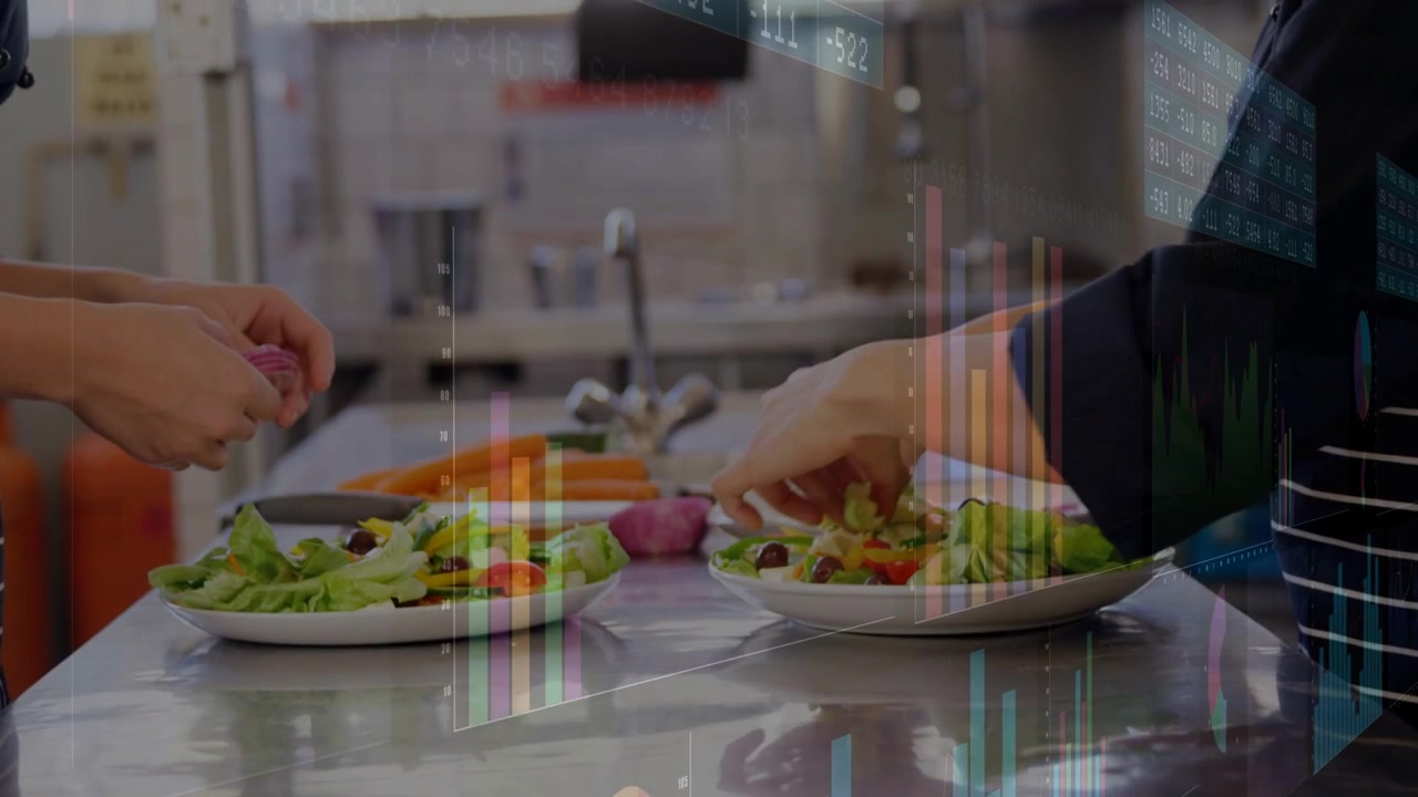 Two cooks bringing plates and plating salads with onion and carrot while finance charts overlaying