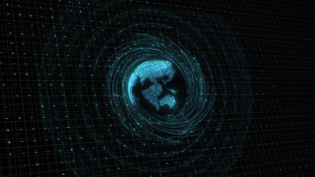 Global hud globe grid visual with teal earth glow circular targeting rings and connected geometric