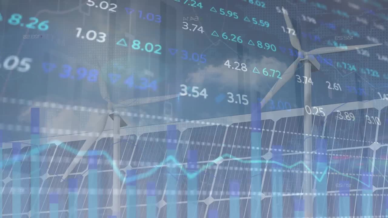 풍차와 태양 패널 위에 변하는 숫자와 그래프를 가진 거래 보드의 애니메이션