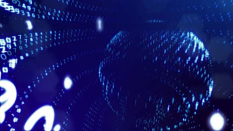 fondo de bucle 3d, concepto de procesamiento de datos digitales, cálculo y visualización de la computación. contadores de números en filas de líneas en esferas. información digital azul bg con números. bg de ciencia ficción.