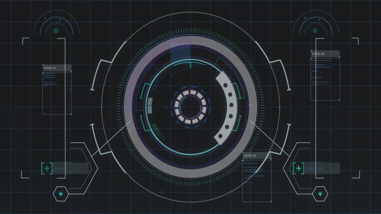 Concentric HUD rings spinning on dark grid, displaying numeric gauges, code panels, hexagon icons