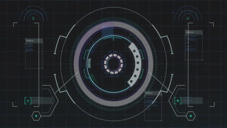 concentric hud rings spinning on dark grid, displaying numeric gauges, code panels, hexagon icons