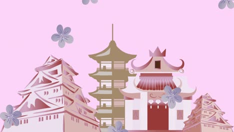 Animation-of-flowers-falling-over-japanese-buildings-on-pink-background