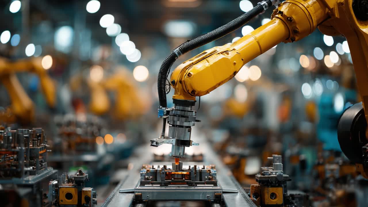 Advanced Robotic Arm Engaged in Precision Manufacturing Process in a High-Tech Factory Setting with Shimmering Background Lights