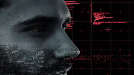 animation of caucasian man face over data processing on black background