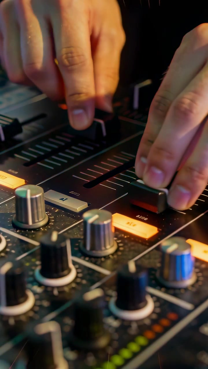 Vertical video: Close-up showing fader moving, hands blending tracks in DJ booth, lit buttons