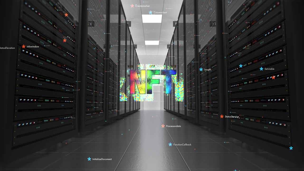 el colorido símbolo de arte de nft en el centro de datos futurista.