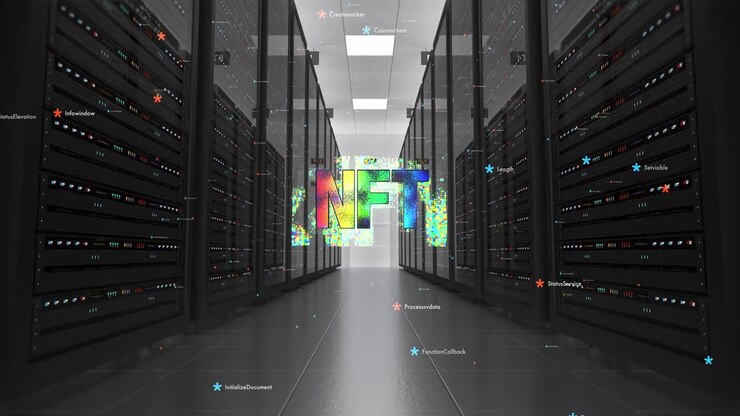 Colorful NFT Token Art Symbol In Futuristic Datacenter.