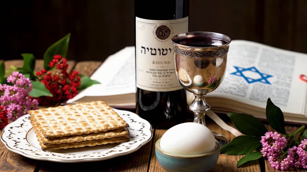 Tavola del seder pasquale con matzah e vino