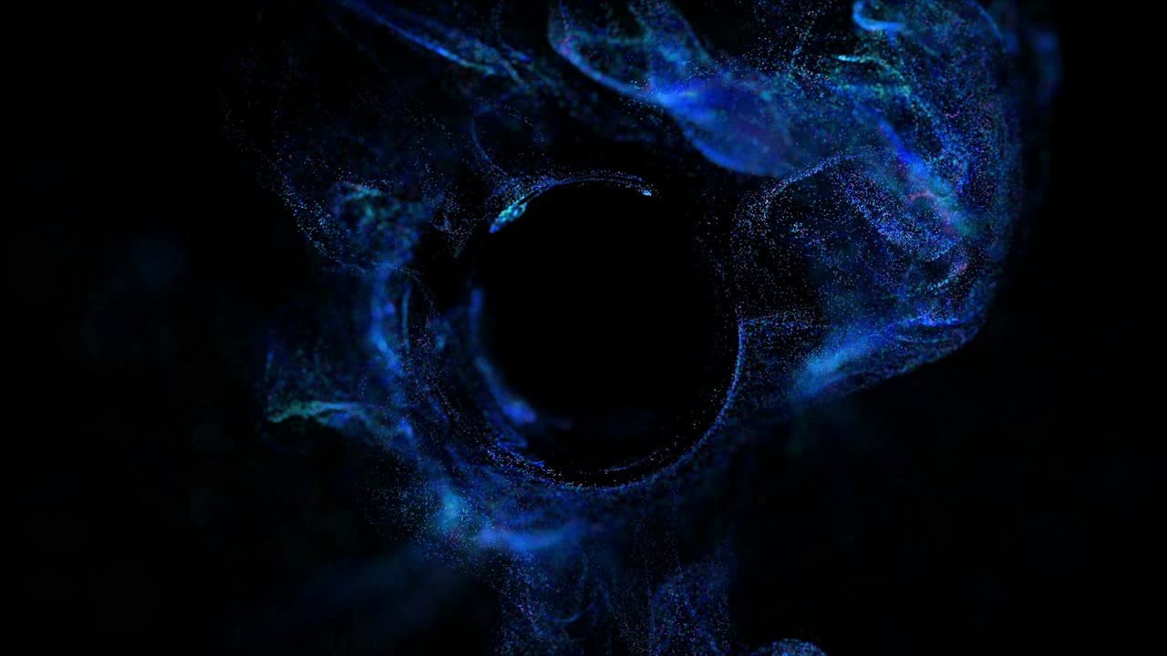corriente de partículas luminosas azules bajo el agua en fondo negro corre en un campo esférico, lugar para su texto, logotipo. canal alfa como luma mate. efecto de tinta de advección. 5