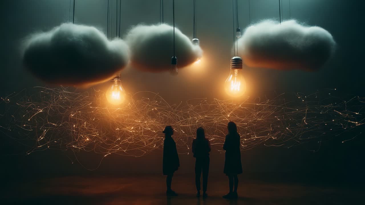A surreal moment captured in an artistic setting where three figures stand beneath illuminated clouds, surrounded by glowing lights, creating an ethereal atmosphere filled with creativity