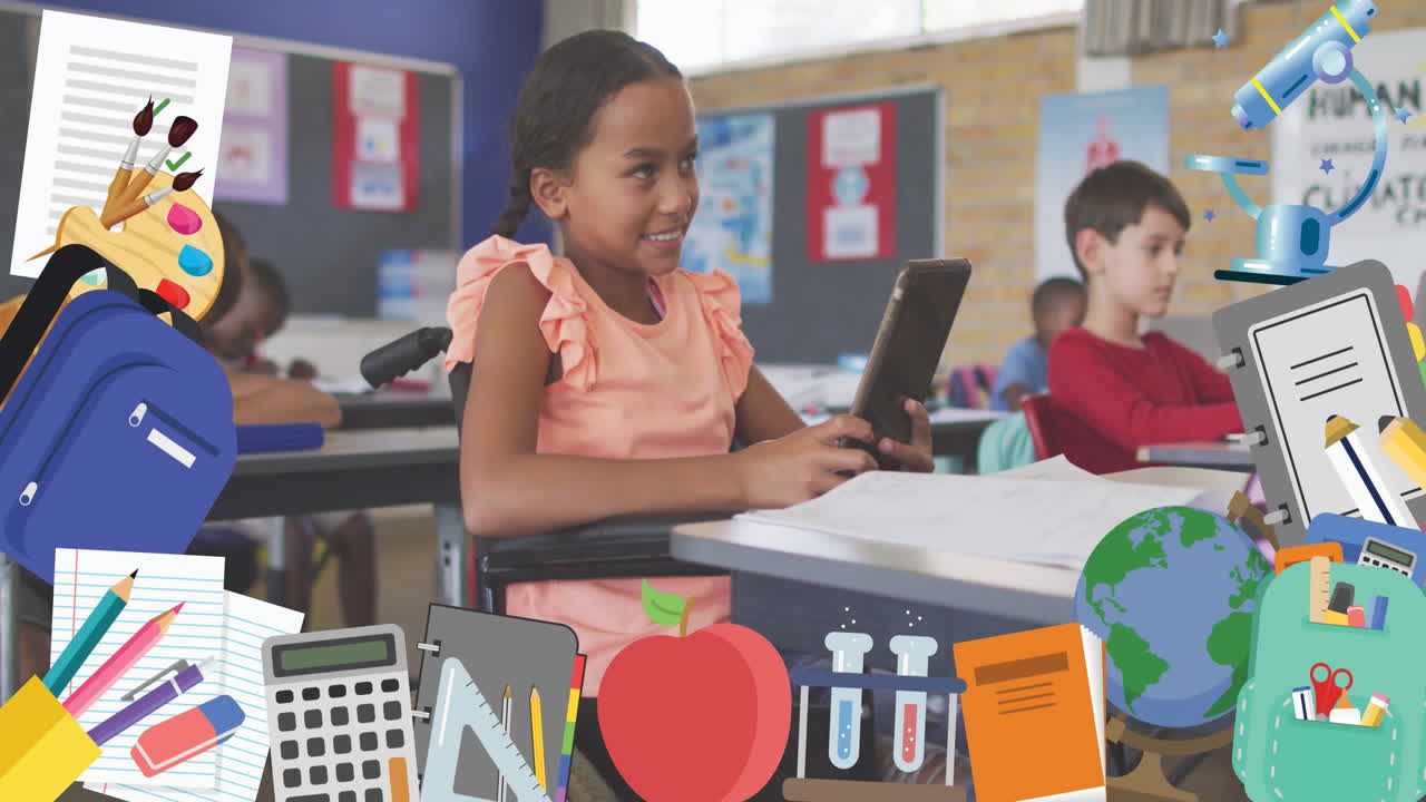 Animazione di icone scolastiche su studentessa che usa il tablet in classe