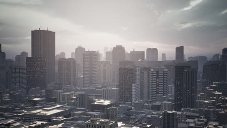 skyline aerial view at sunset with skyscrapers