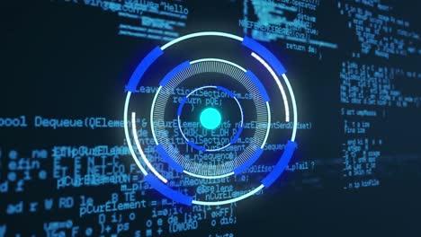 Animation-of-neon-round-scanner-and-data-processing-against-blue-background