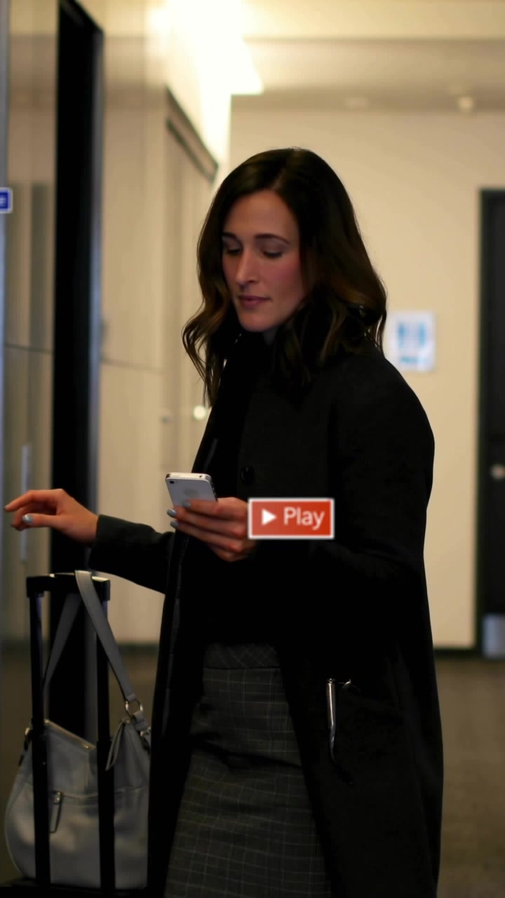 Video vertical: Empresaria con bolso, tocando el teléfono para revisar un viaje, lo que provoca superposiciones de iconos de reproducción.