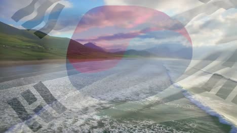 digital composition of waving south korea flag against aerial view of the beach and the sea