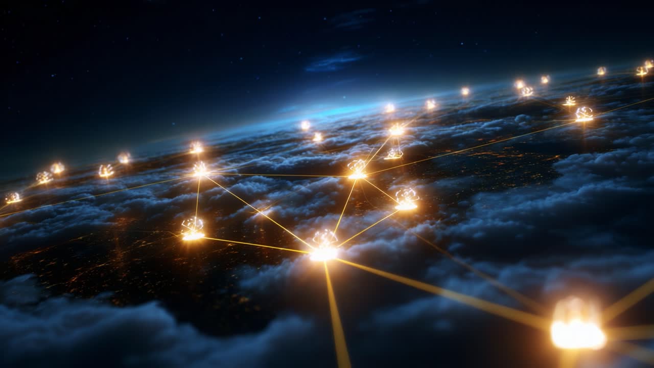 A Stunning Visualization of Global Connectivity: Illuminated Nodes and Data Flow Above the Clouds at Night, Highlighting the Interconnectedness of Modern Technology in an Expansive Digital Network