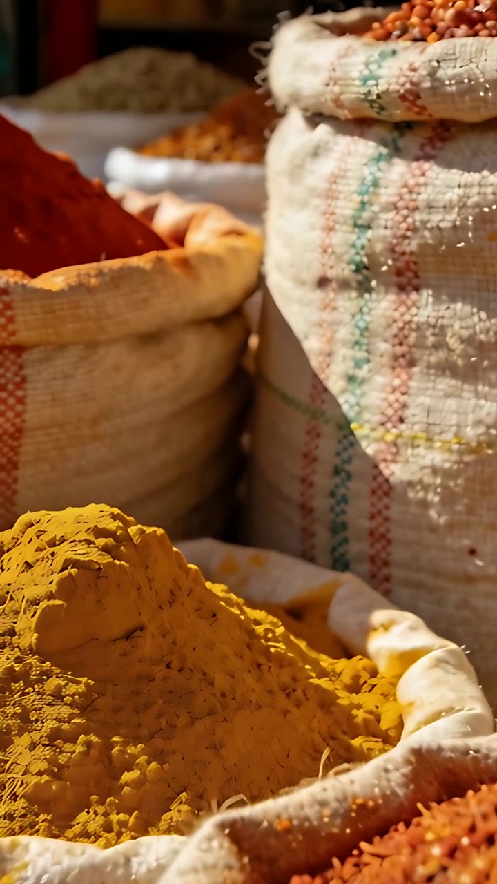 Vertical video: Panning camera over spices at market, showing turmeric, chili and sacks for sale