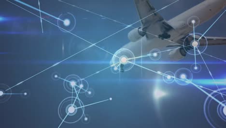animation of global network of connections with aeroplane in background