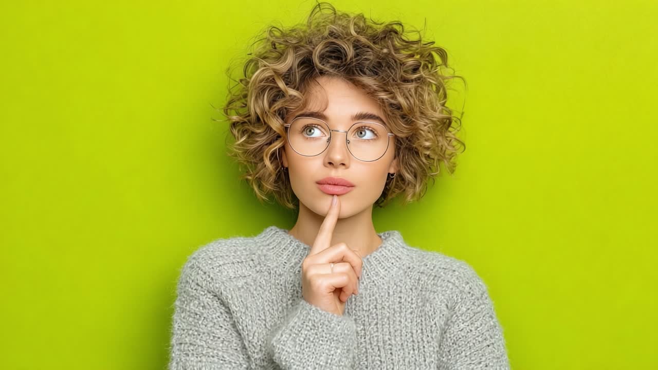 Contemplative Young Woman with Curly Hair and Glasses Against a Bright Green Background Reflecting Thoughtfulness and Curiosity