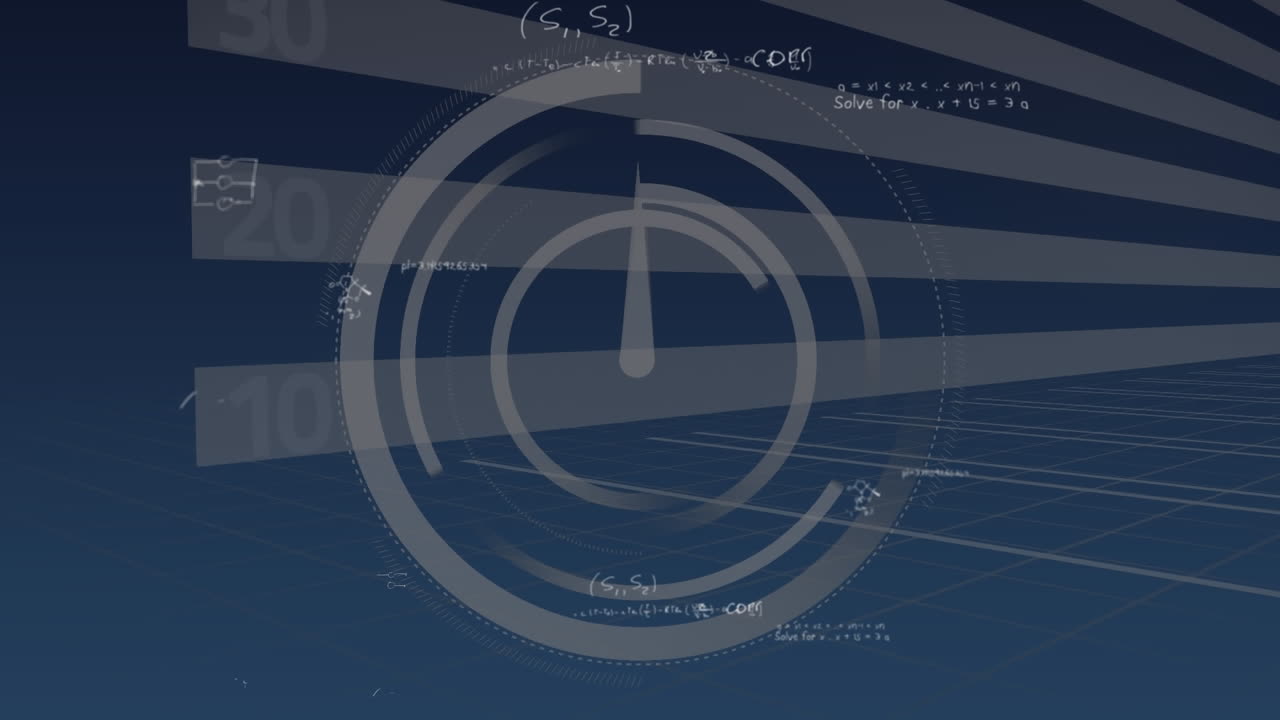 Animation of clock with shapes and data processing over mathematical equations on black background