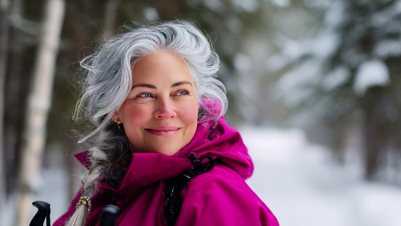 A Joyful Winter Adventure: Captivating Portrait of a Smiling Woman in Warm Winter Attire Amidst a Snowy Forest Landscape, Radiating Positivity and Calm in Nature's Embrace